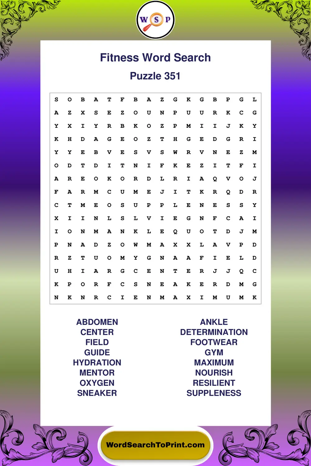 Fitness Word Search Puzzle 351
