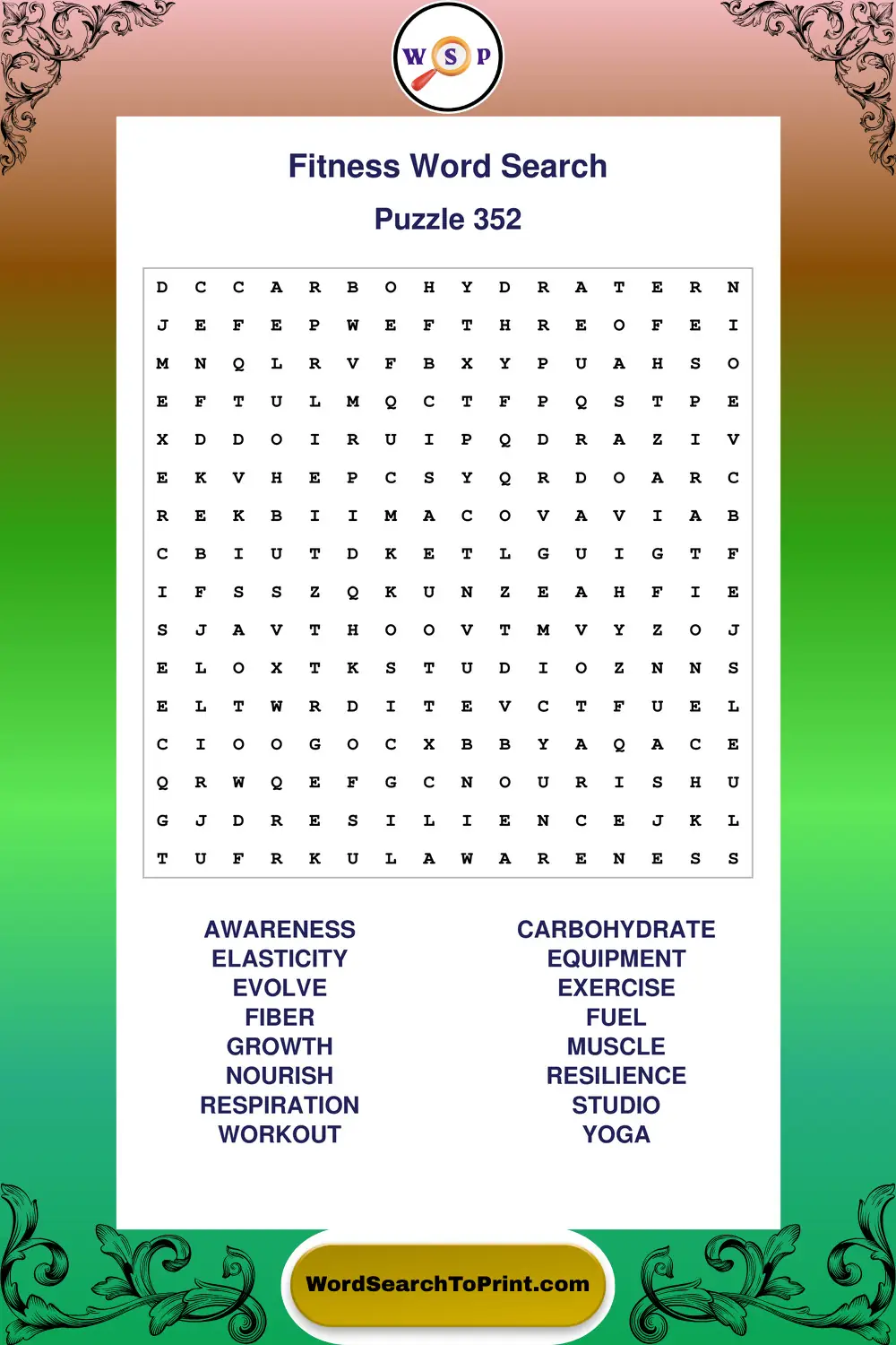 Fitness Word Search Puzzle 352
