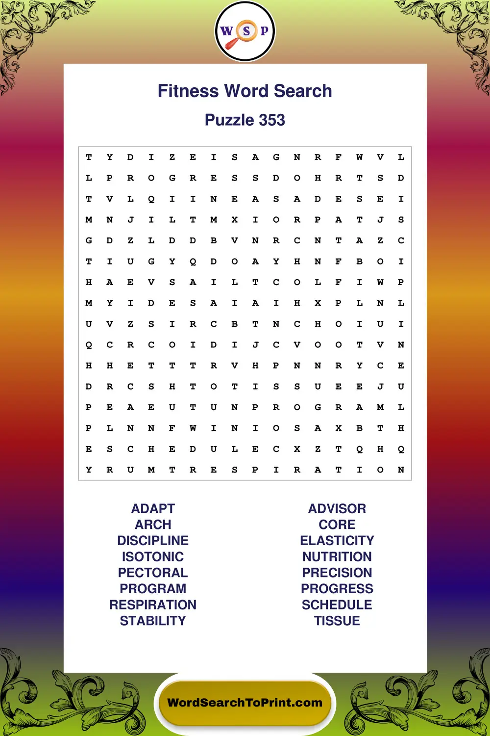 Fitness Word Search Puzzle 353