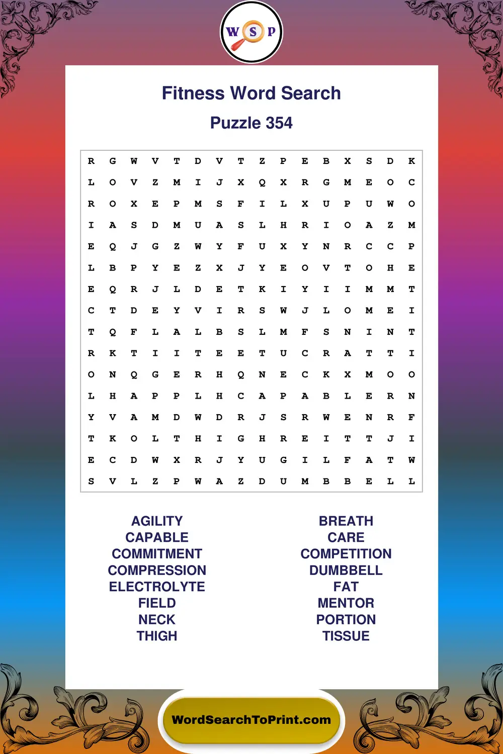 Fitness Word Search Puzzle 354