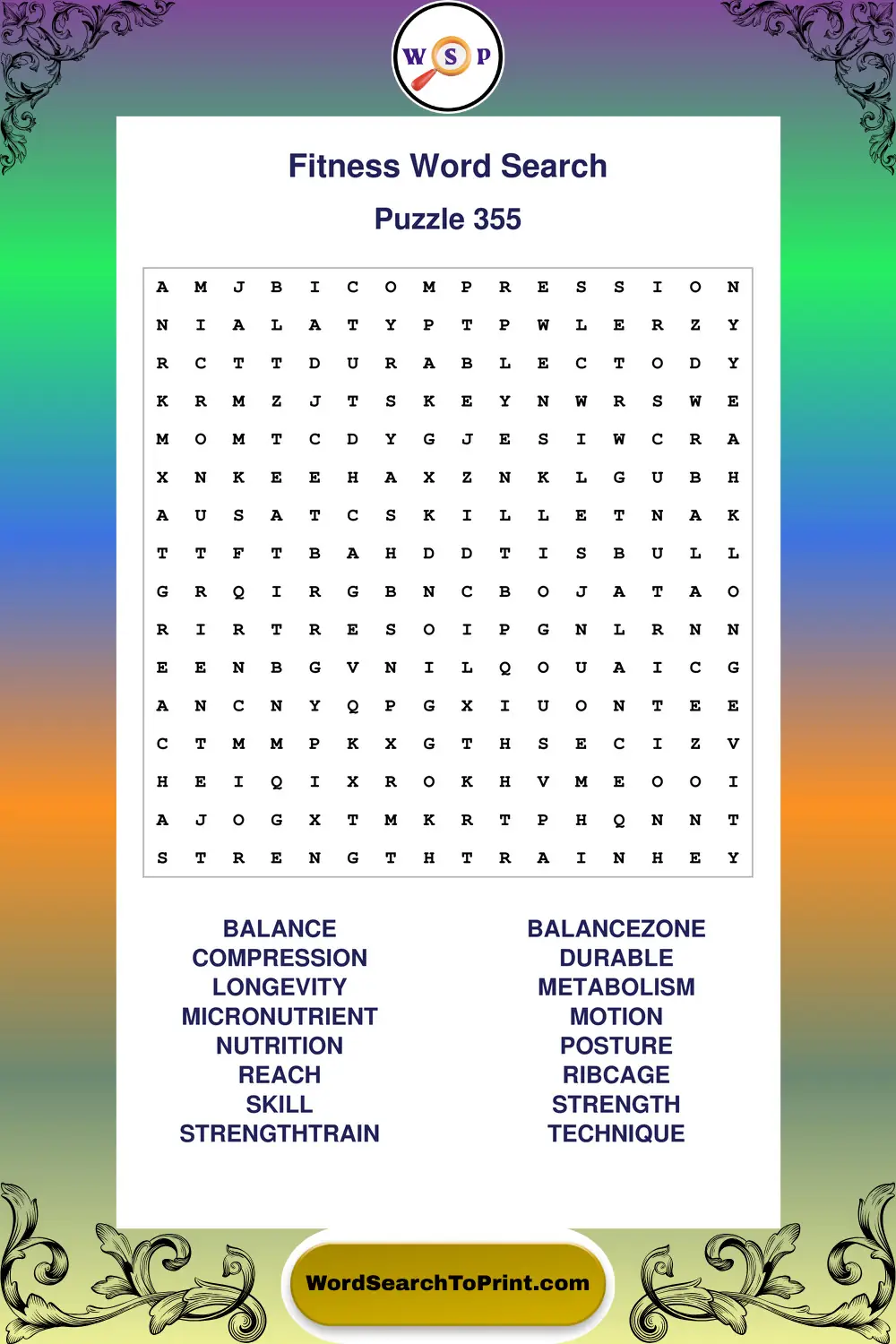 Fitness Word Search Puzzle 355