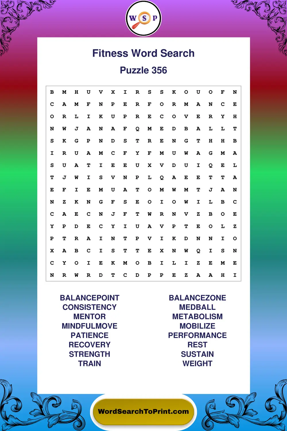 Fitness Word Search Puzzle 356