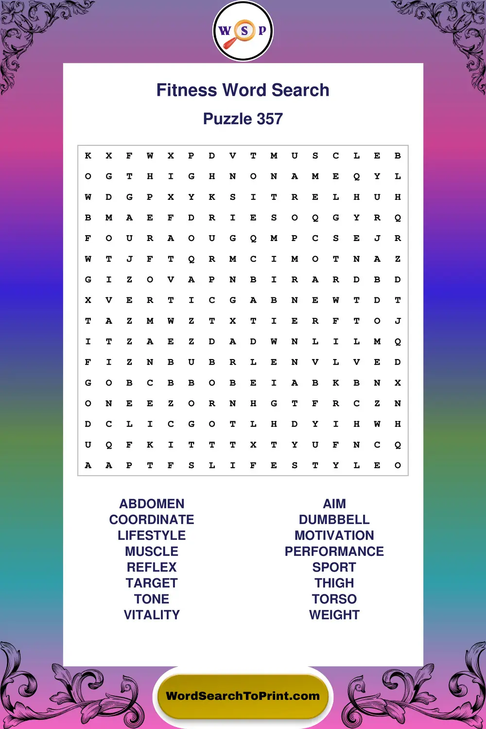 Fitness Word Search Puzzle 357