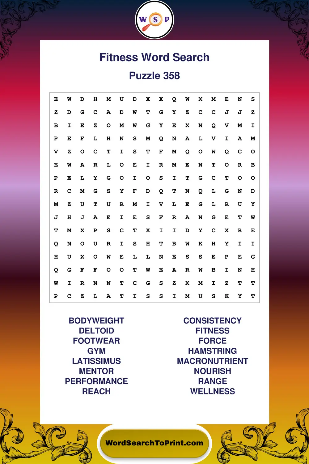 Fitness Word Search Puzzle 358
