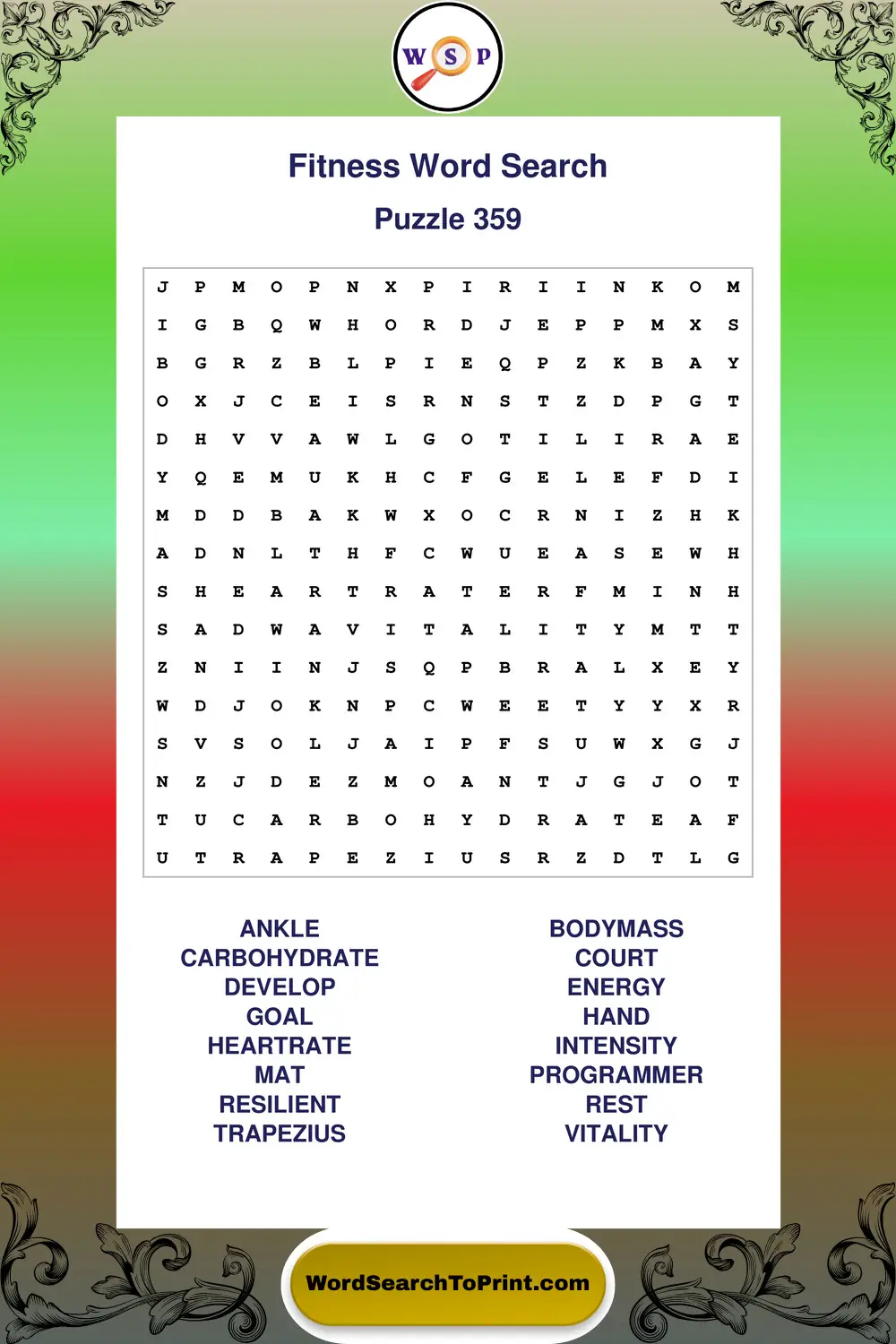 Fitness Word Search Puzzle 359