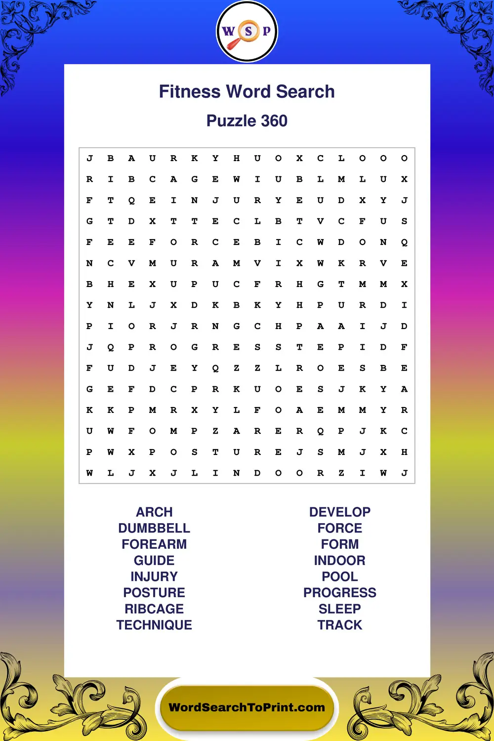 Fitness Word Search Puzzle 360