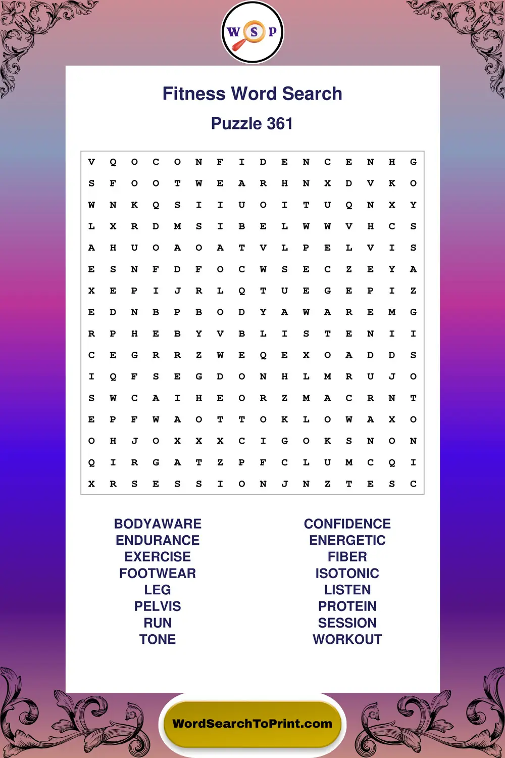 Fitness Word Search Puzzle 361