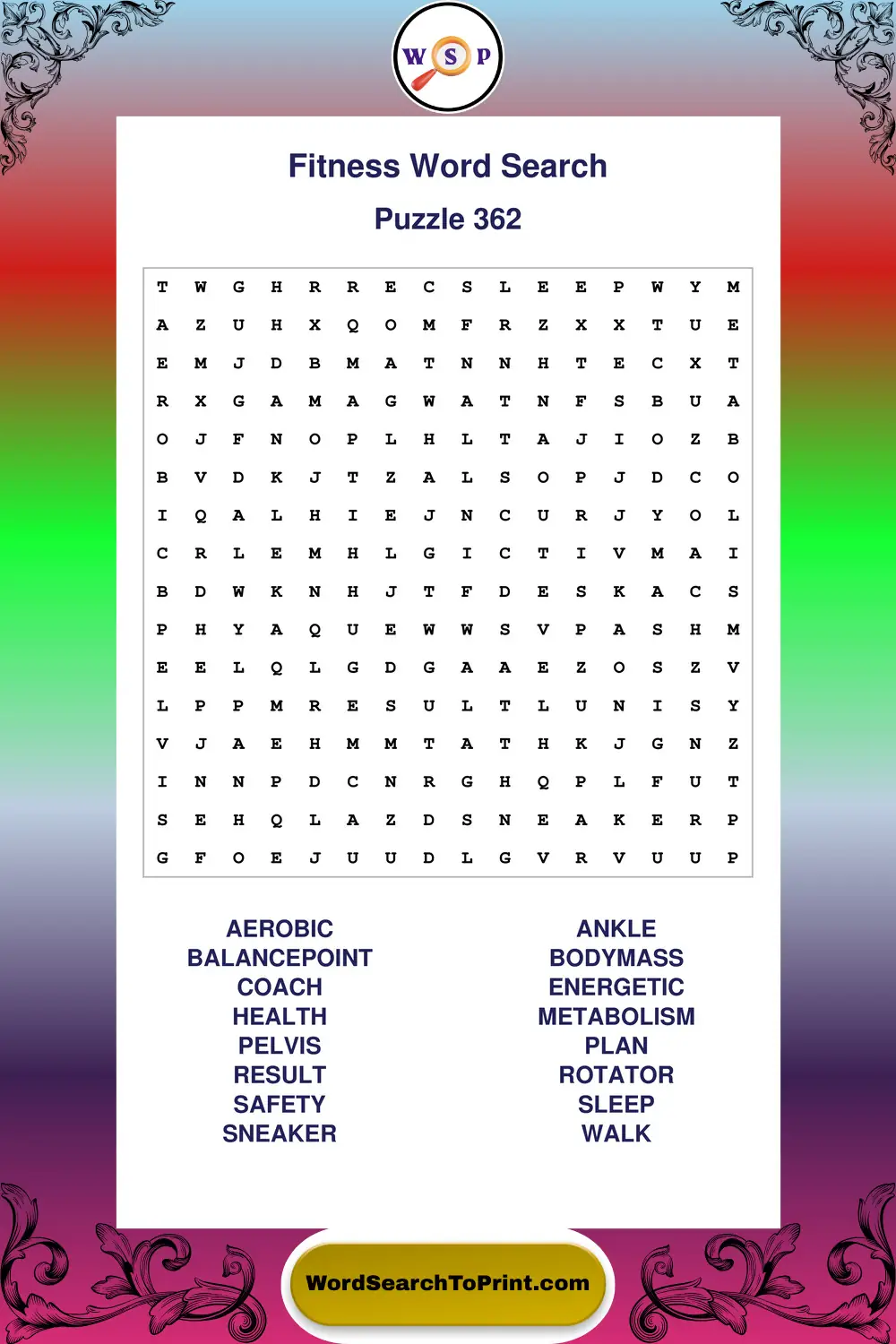 Fitness Word Search Puzzle 362