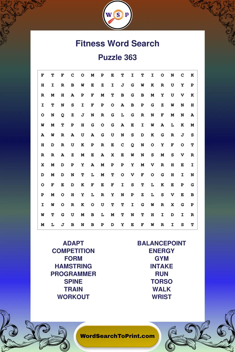 Fitness Word Search Puzzle 363