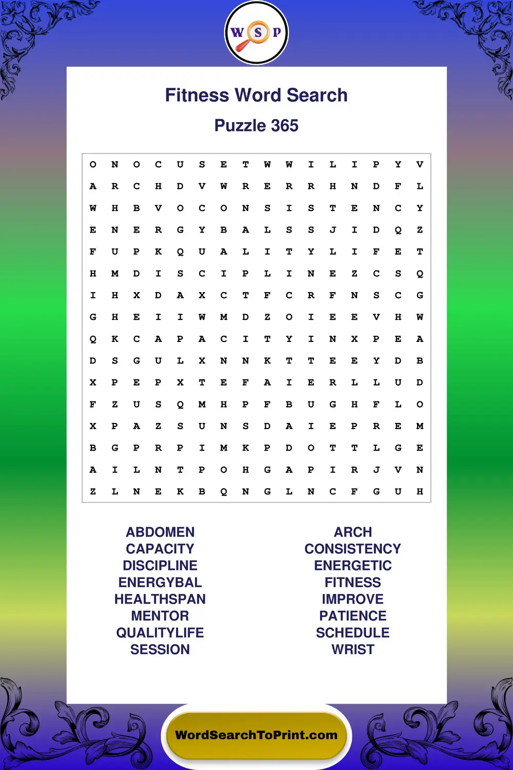 Fitness Word Search Puzzle 365