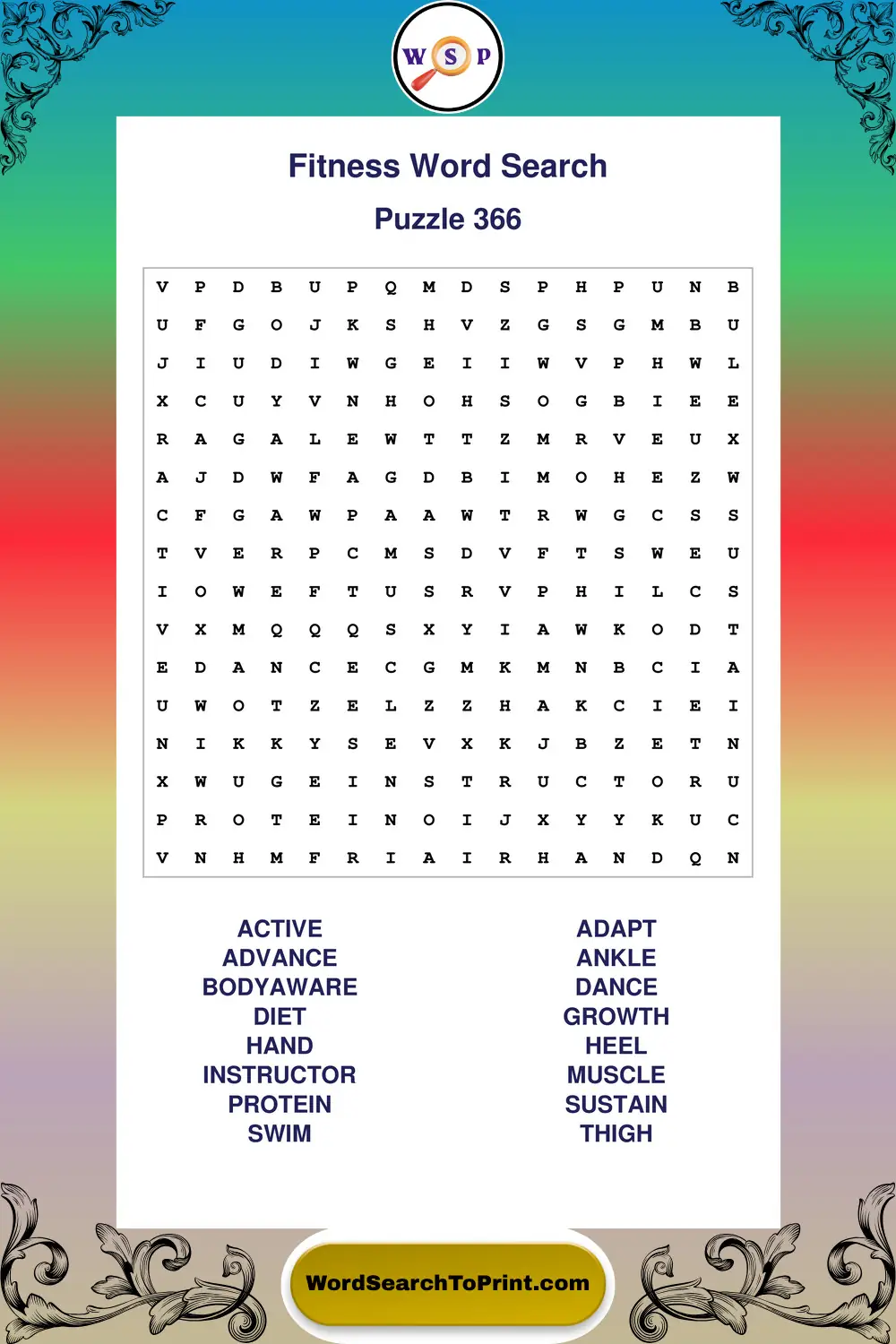 Fitness Word Search Puzzle 366