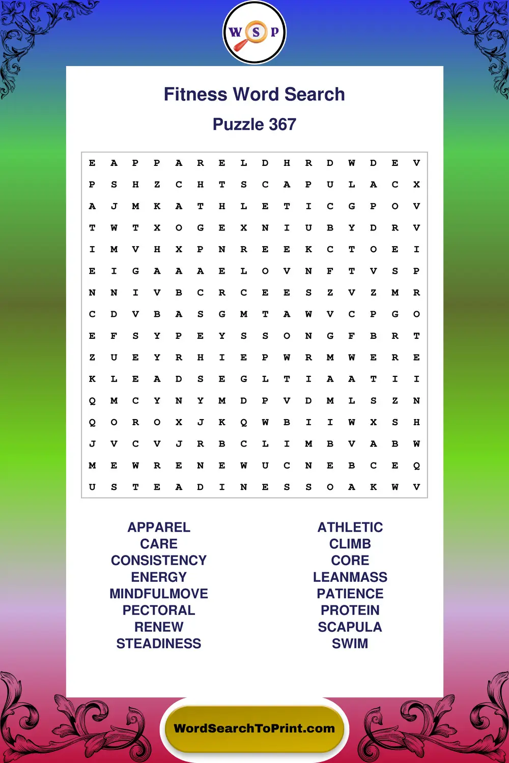 Fitness Word Search Puzzle 367