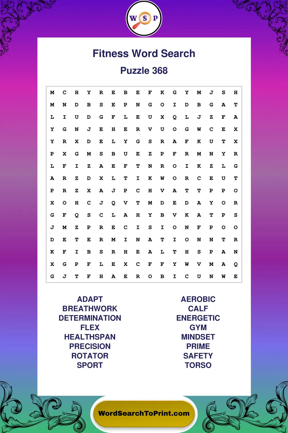 Fitness Word Search Puzzle 368