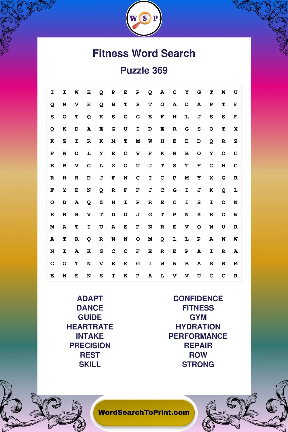 Fitness Word Search Puzzle 369