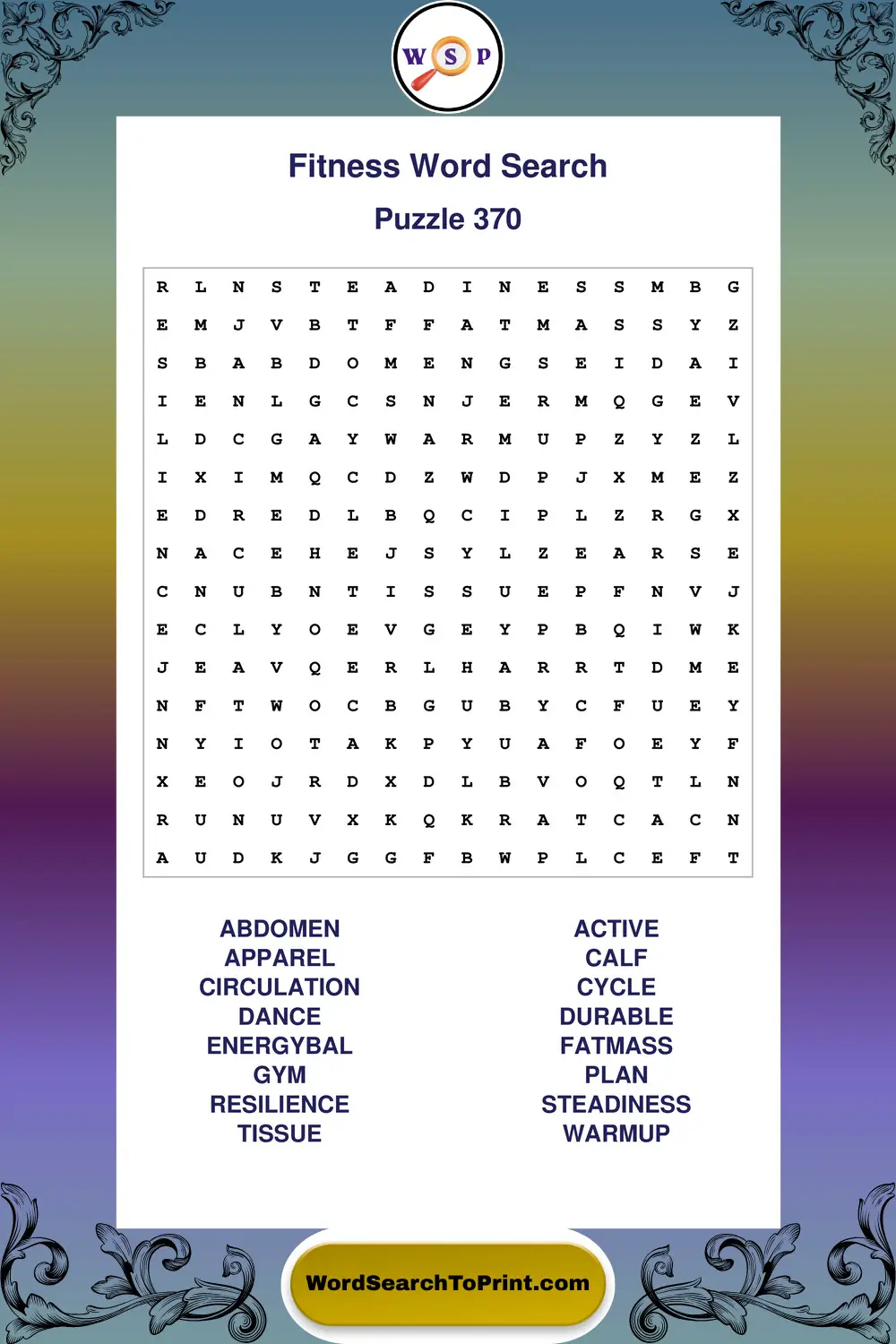 Fitness Word Search Puzzle 370