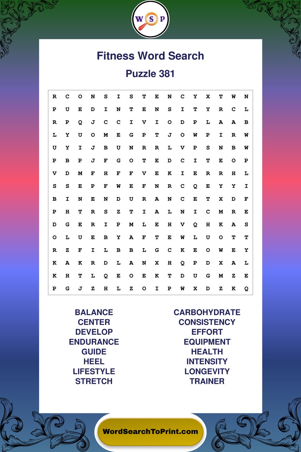 Fitness Word Search Puzzle 381