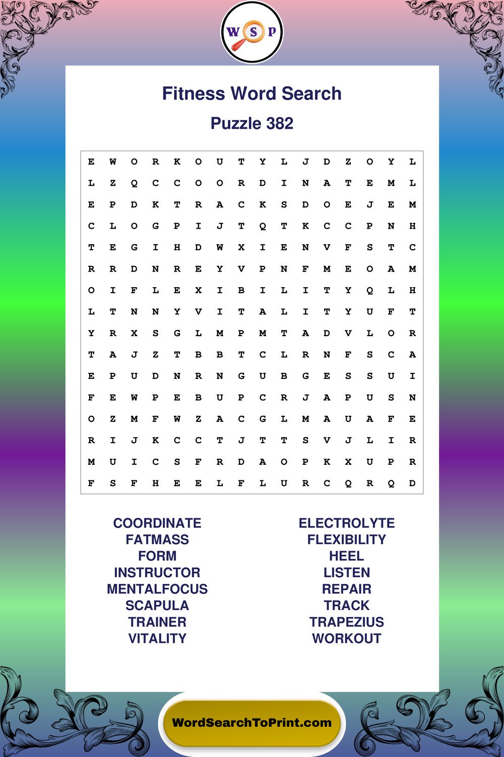 Fitness Word Search Puzzle 382