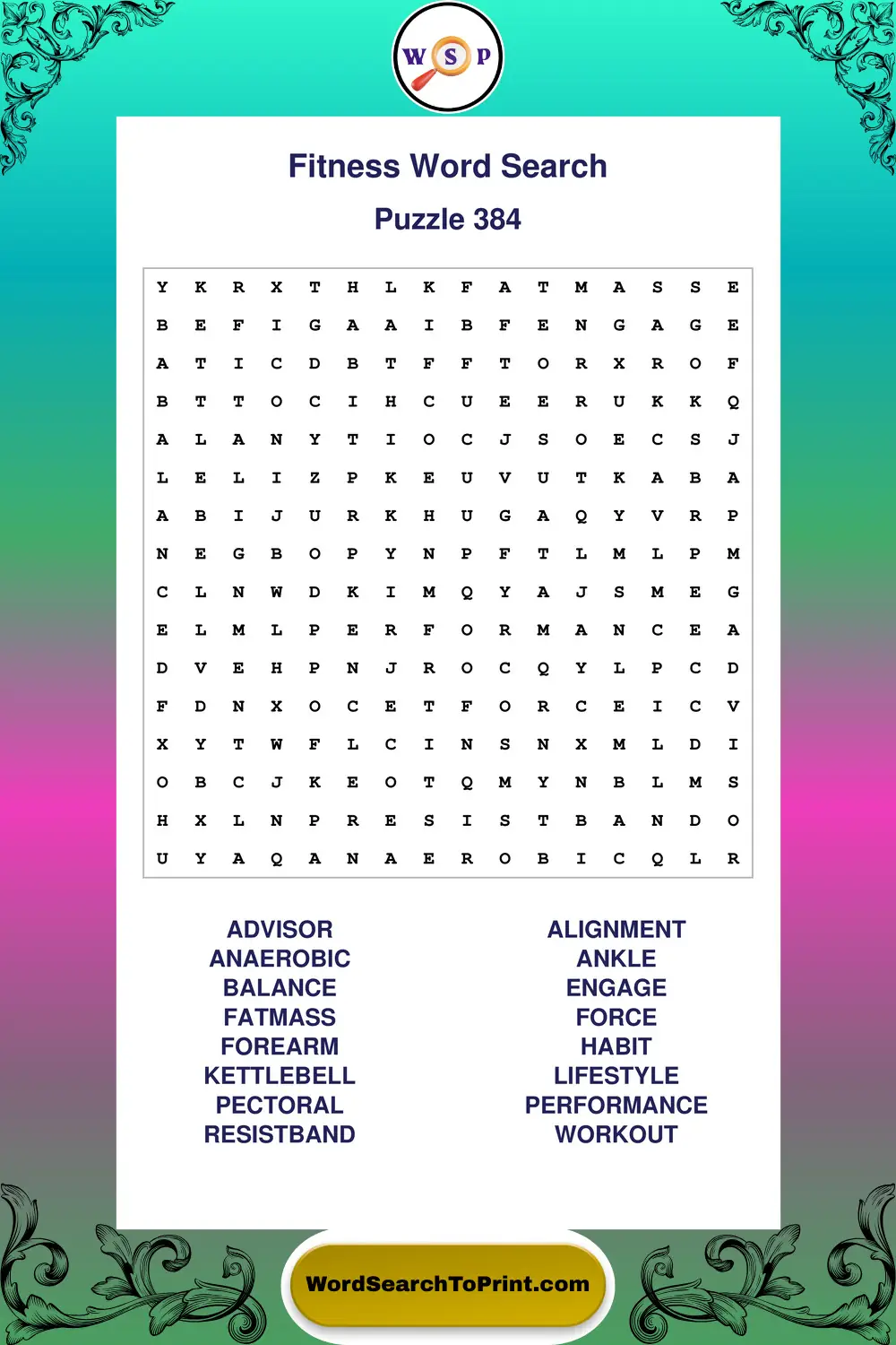 Fitness Word Search Puzzle 384
