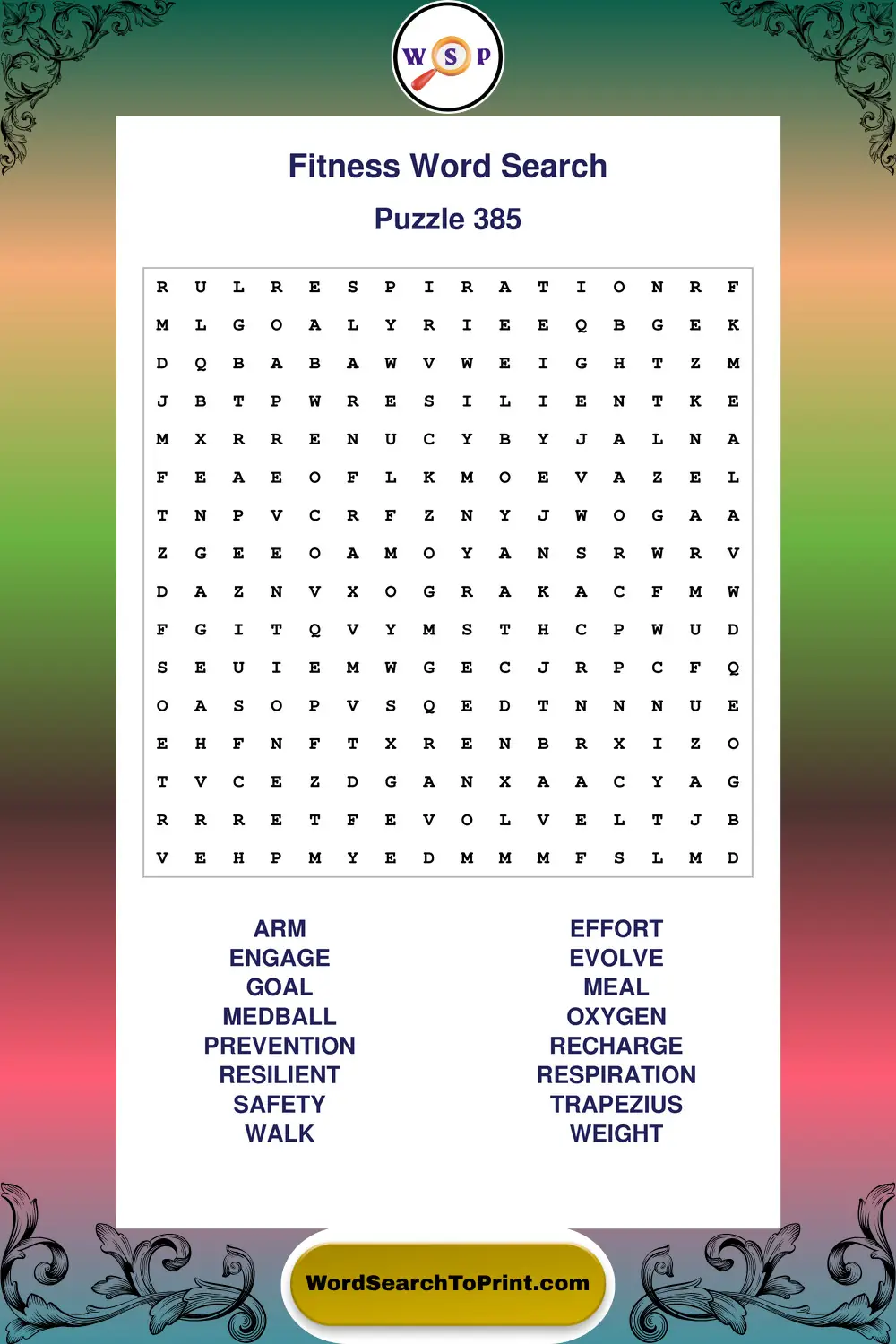 Fitness Word Search Puzzle 385