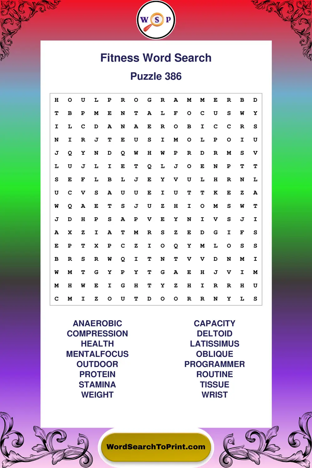 Fitness Word Search Puzzle 386