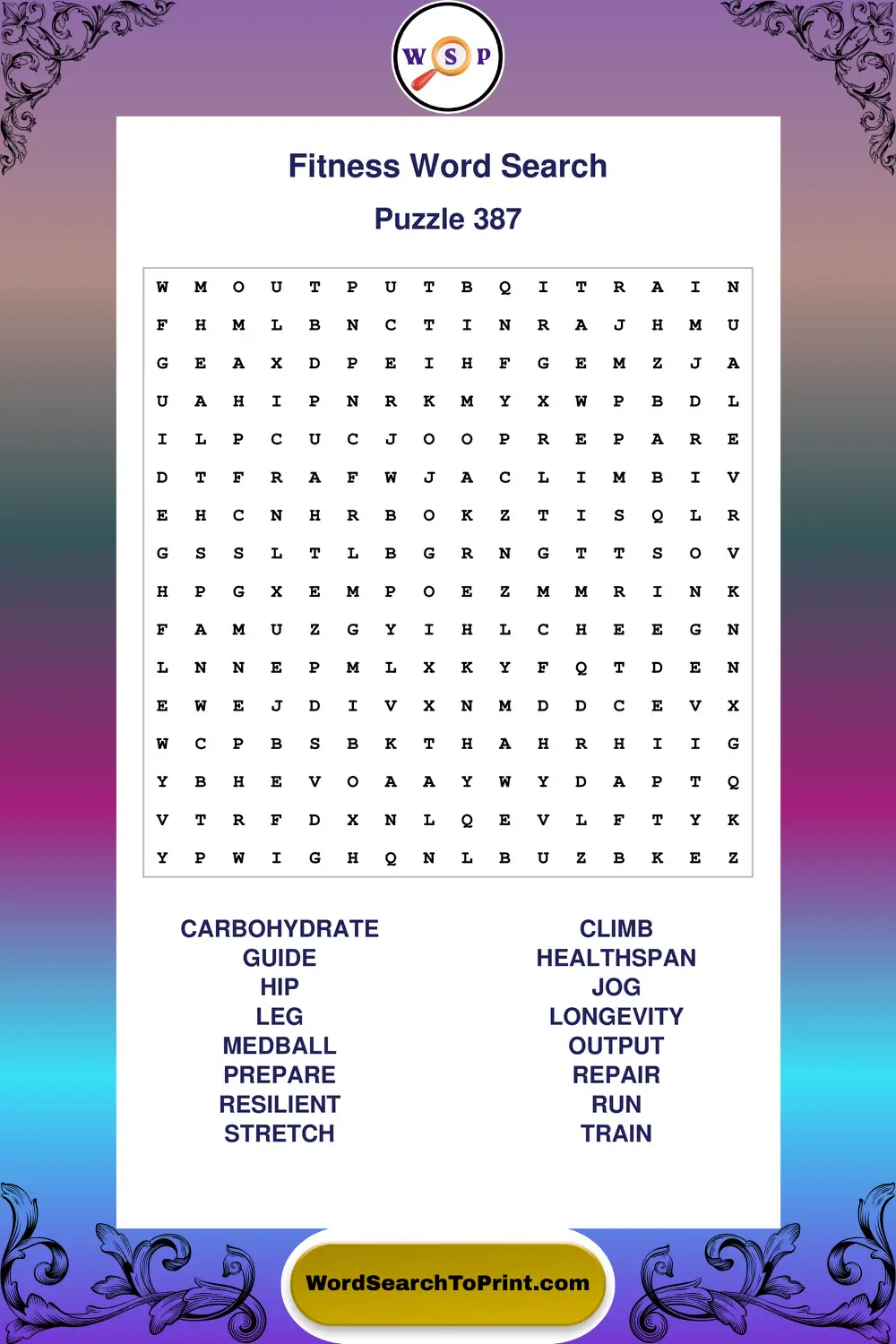 Fitness Word Search Puzzle 387