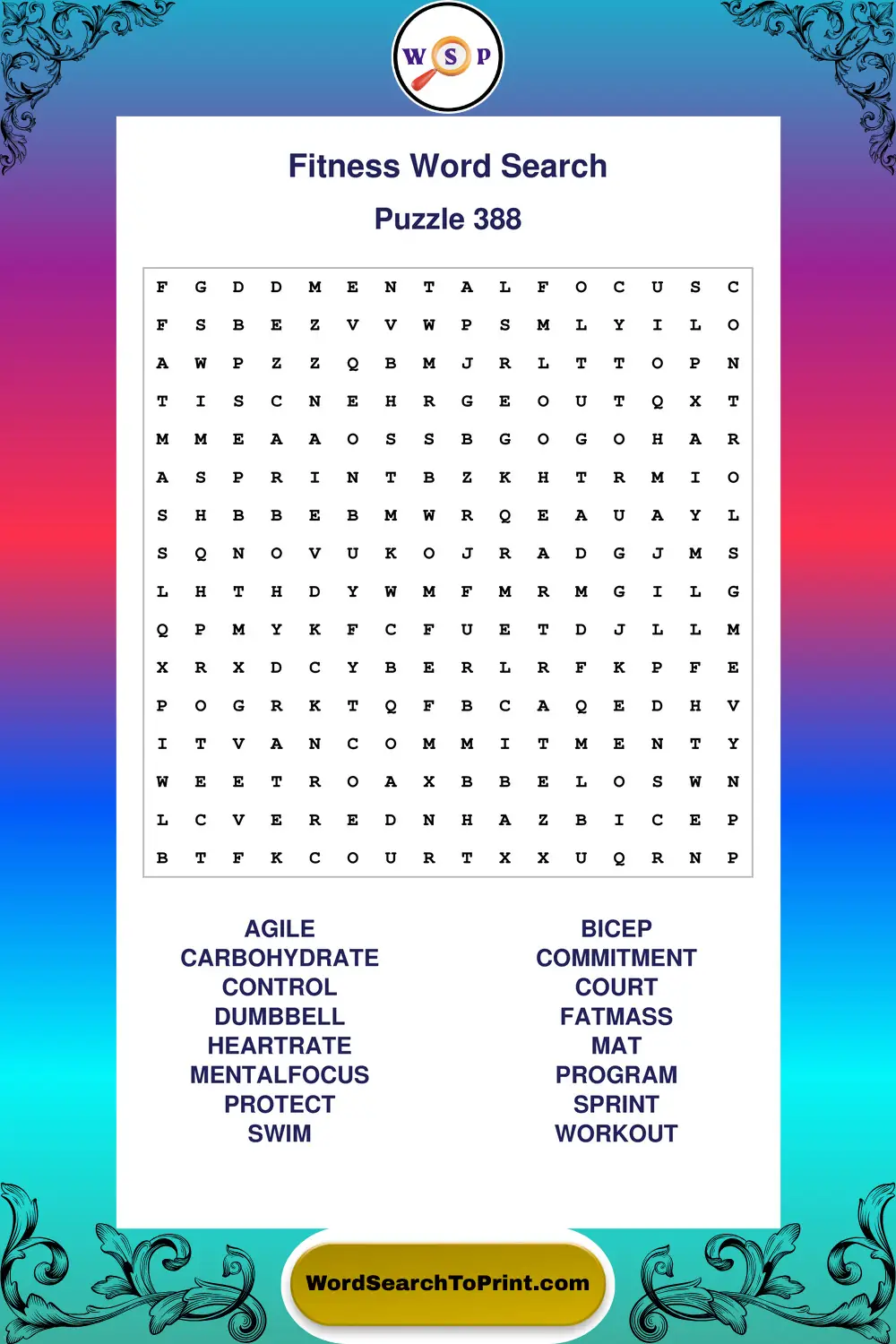 Fitness Word Search Puzzle 388