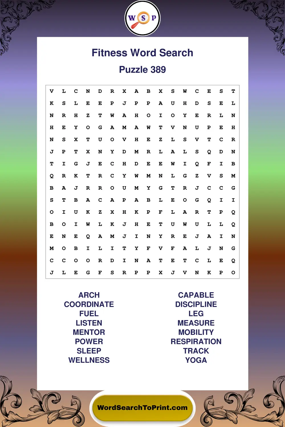 Fitness Word Search Puzzle 389