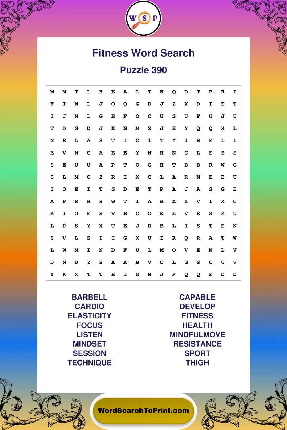 Fitness Word Search Puzzle 390