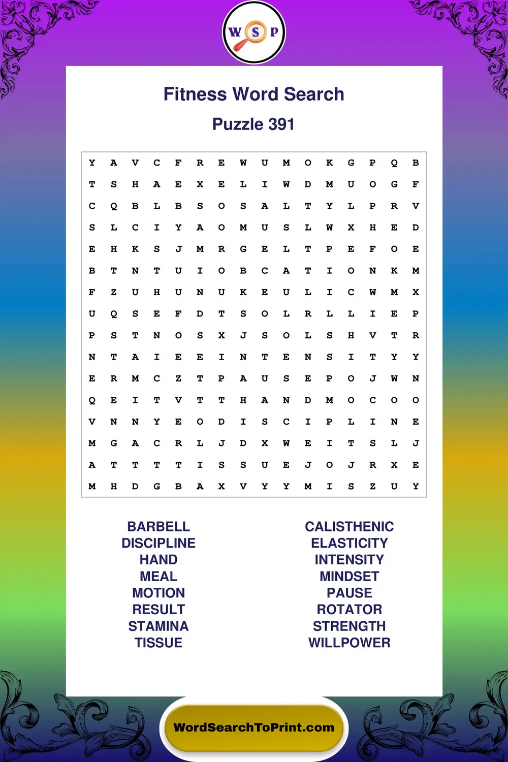Fitness Word Search Puzzle 391