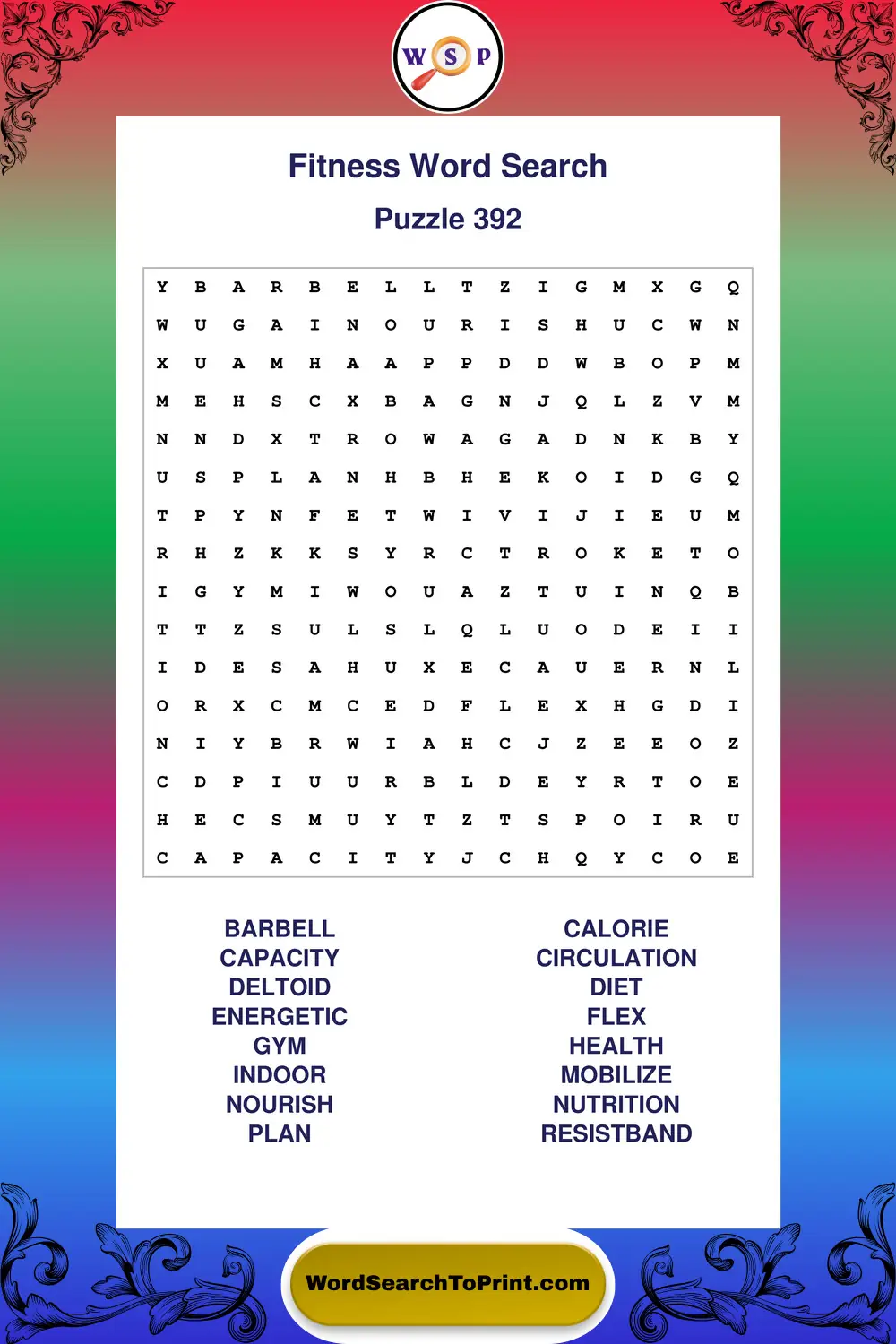 Fitness Word Search Puzzle 392