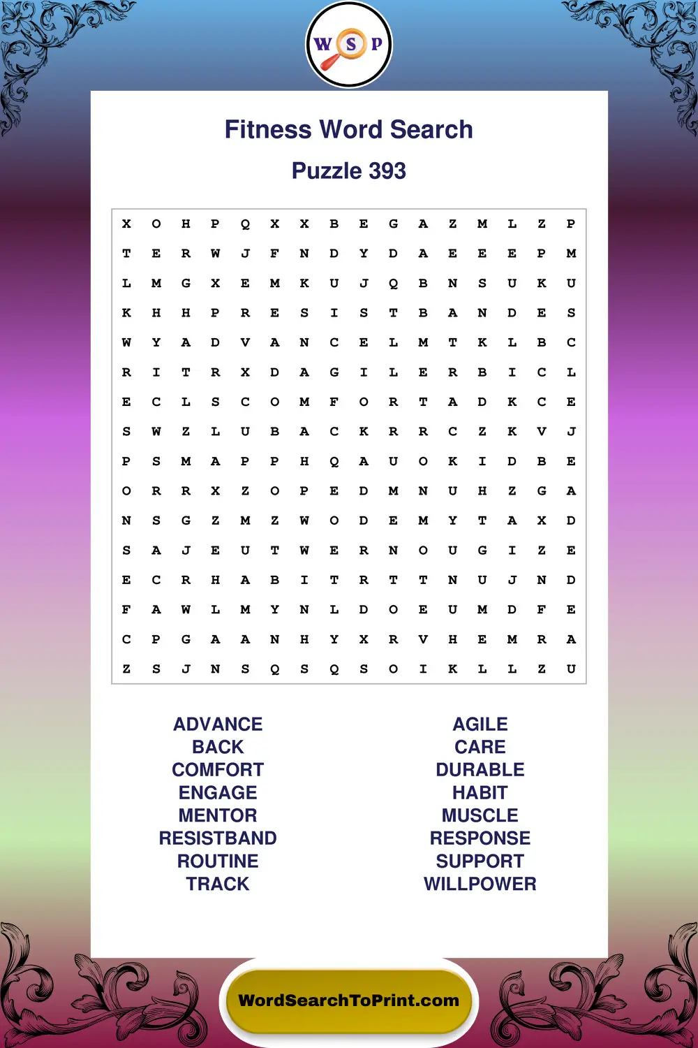 Fitness Word Search Puzzle 393