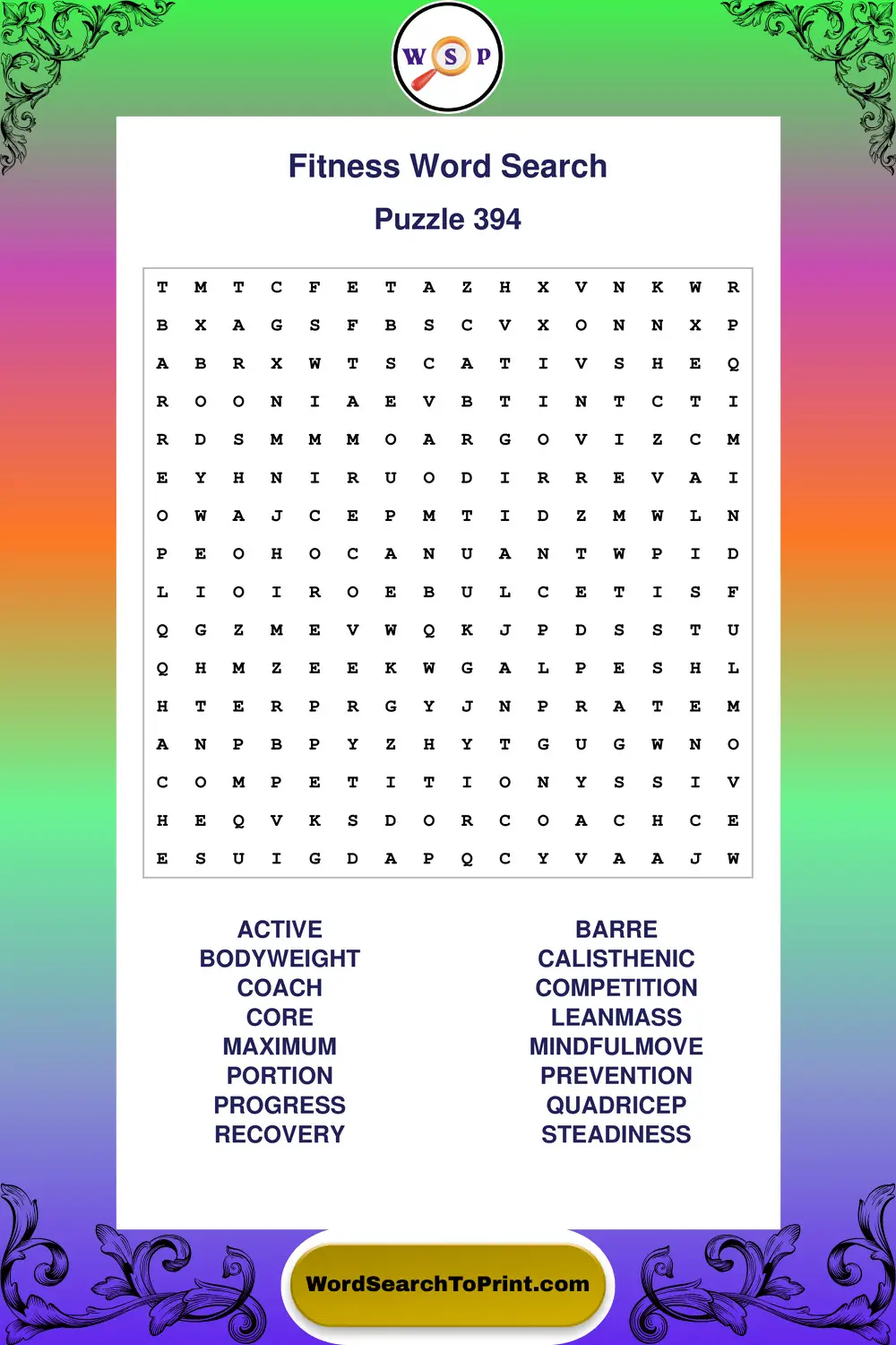 Fitness Word Search Puzzle 394