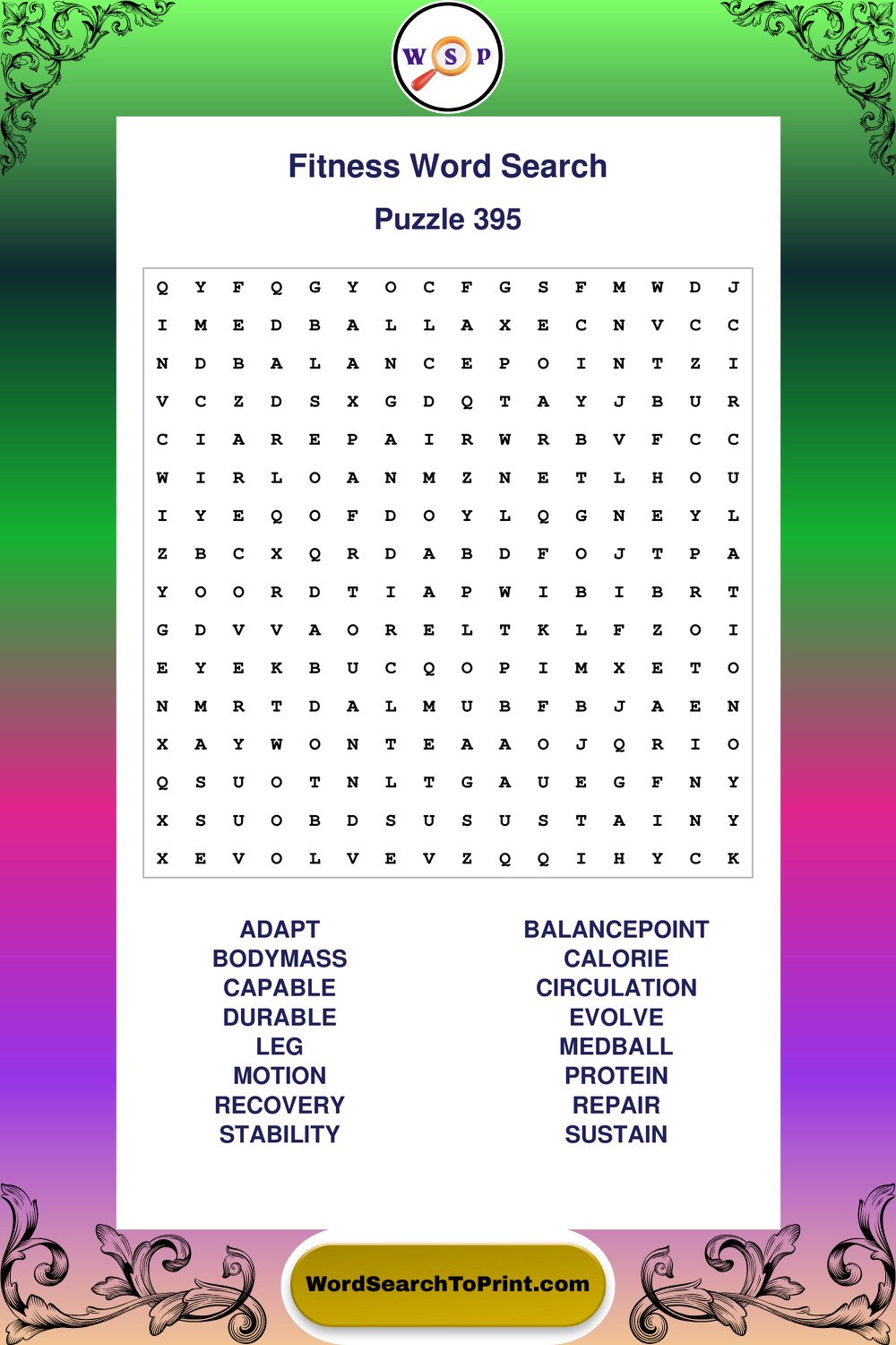 Fitness Word Search Puzzle 395