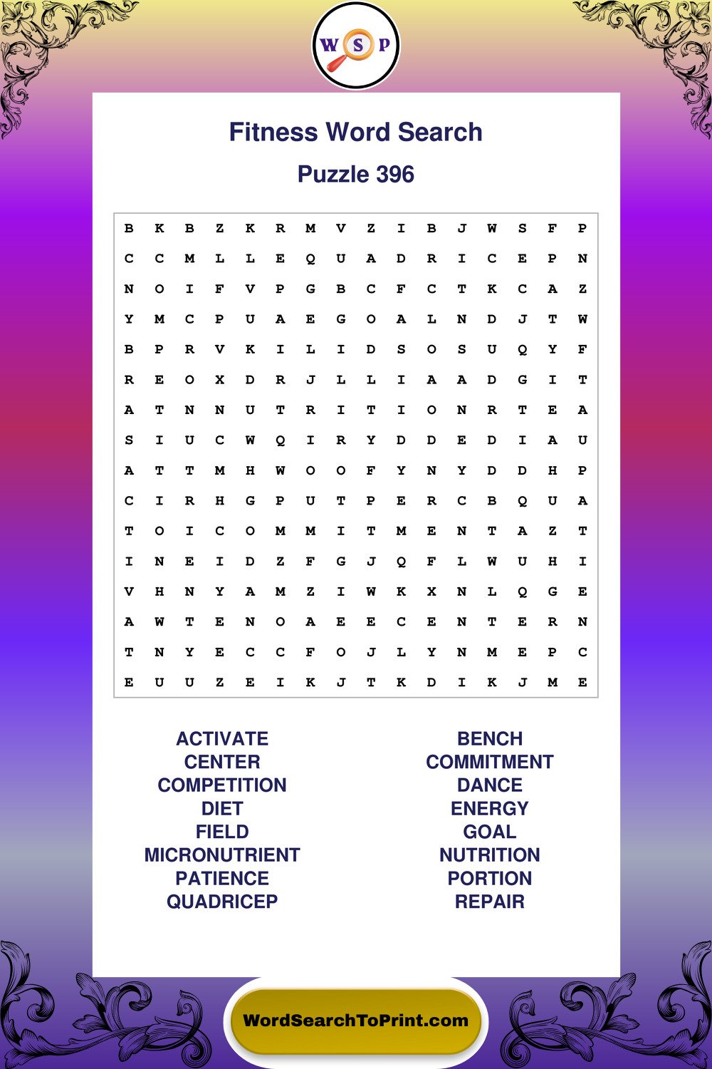 Fitness Word Search Puzzle 396
