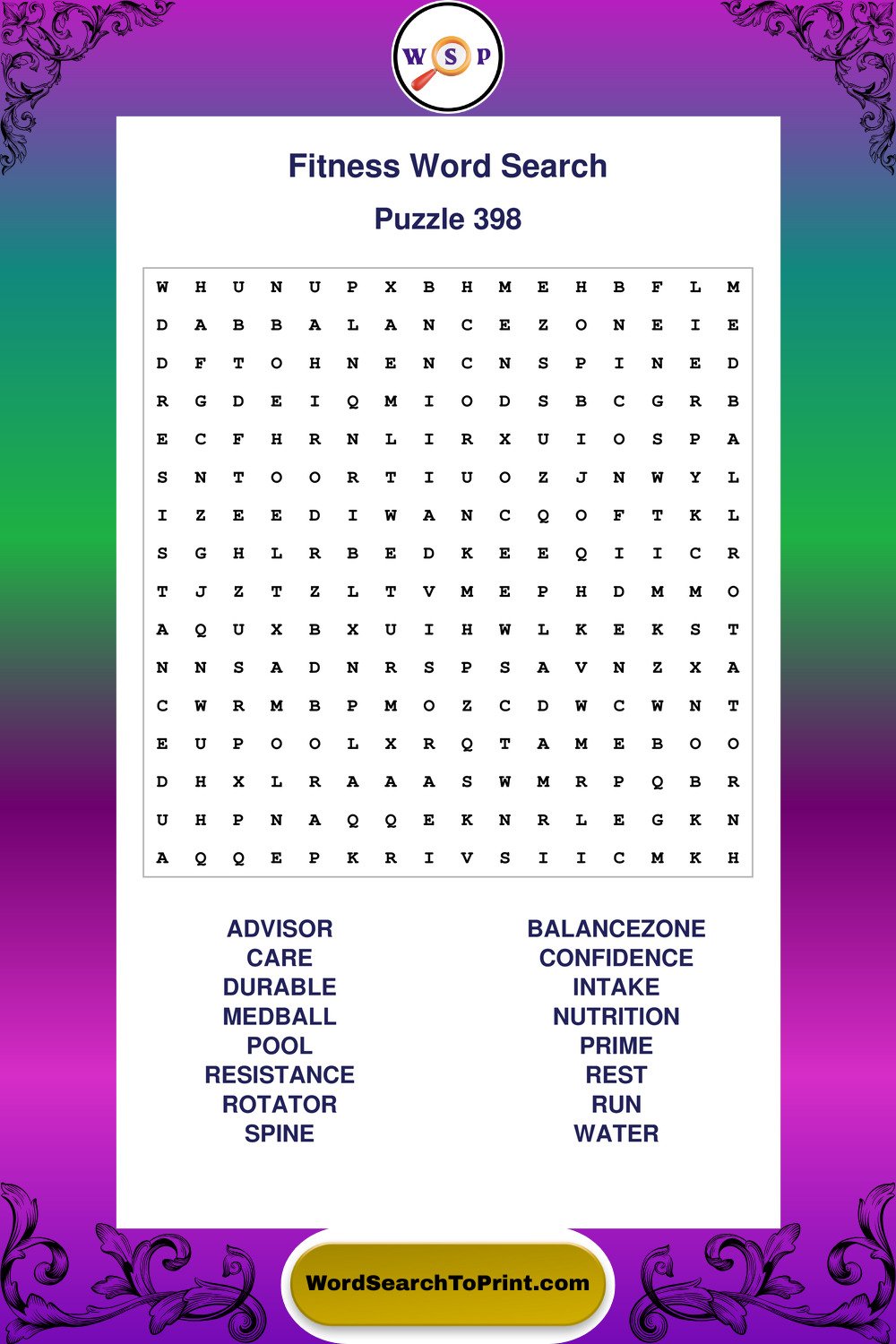 Fitness Word Search Puzzle 398