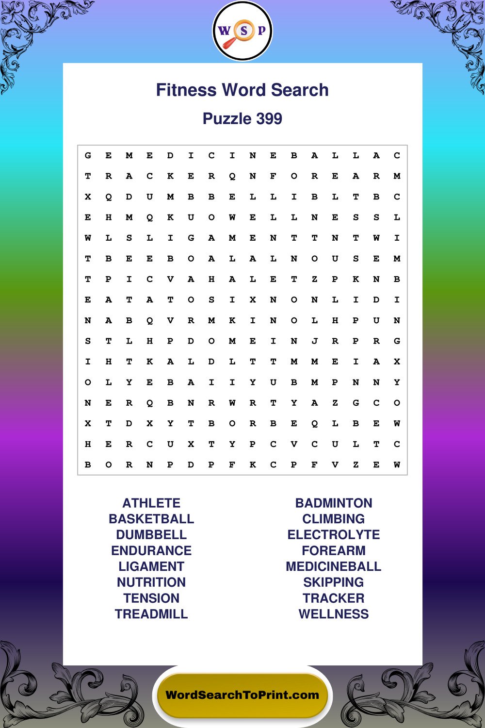 Fitness Word Search Puzzle 399