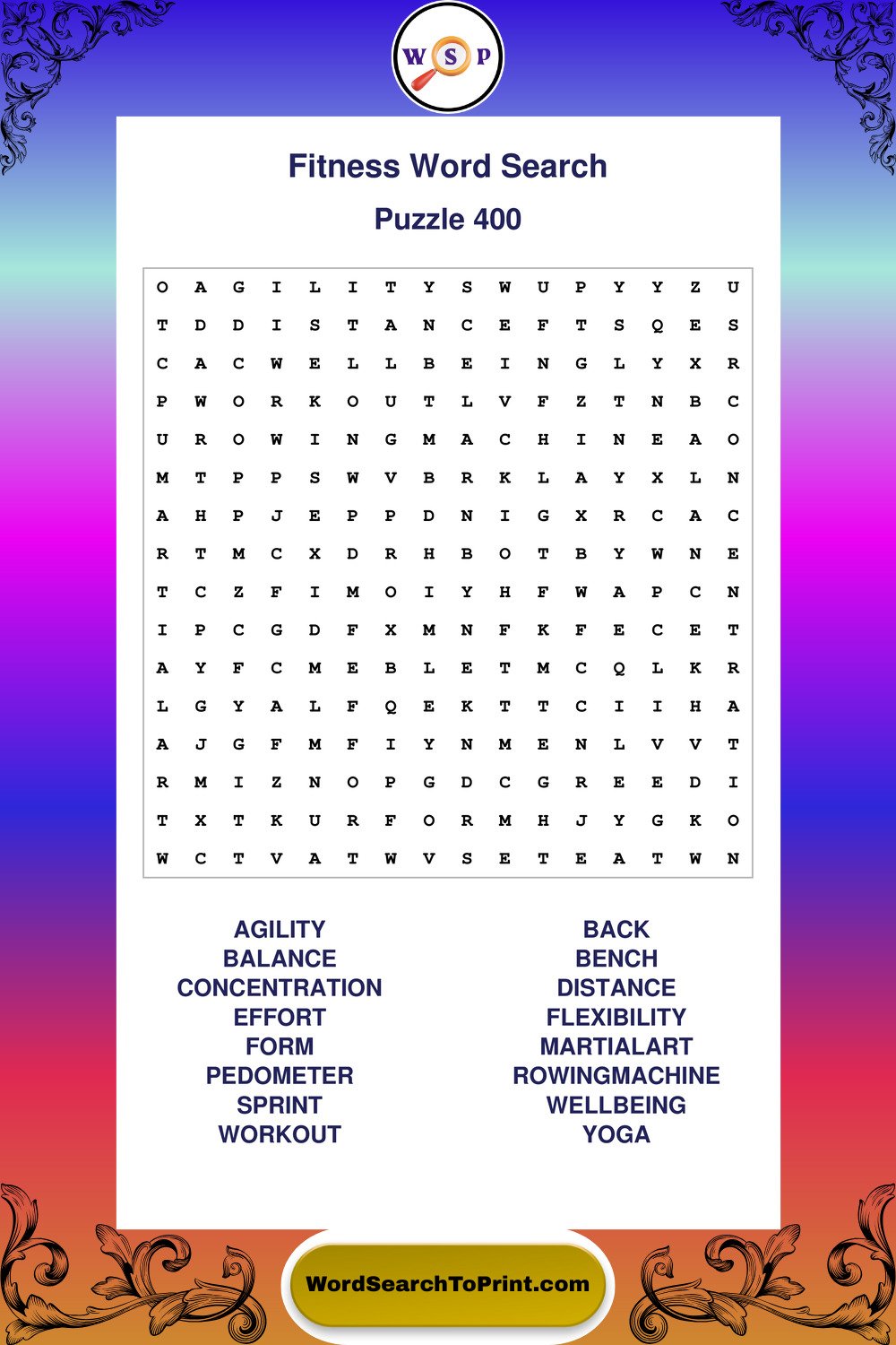 Fitness Word Search Puzzle 400