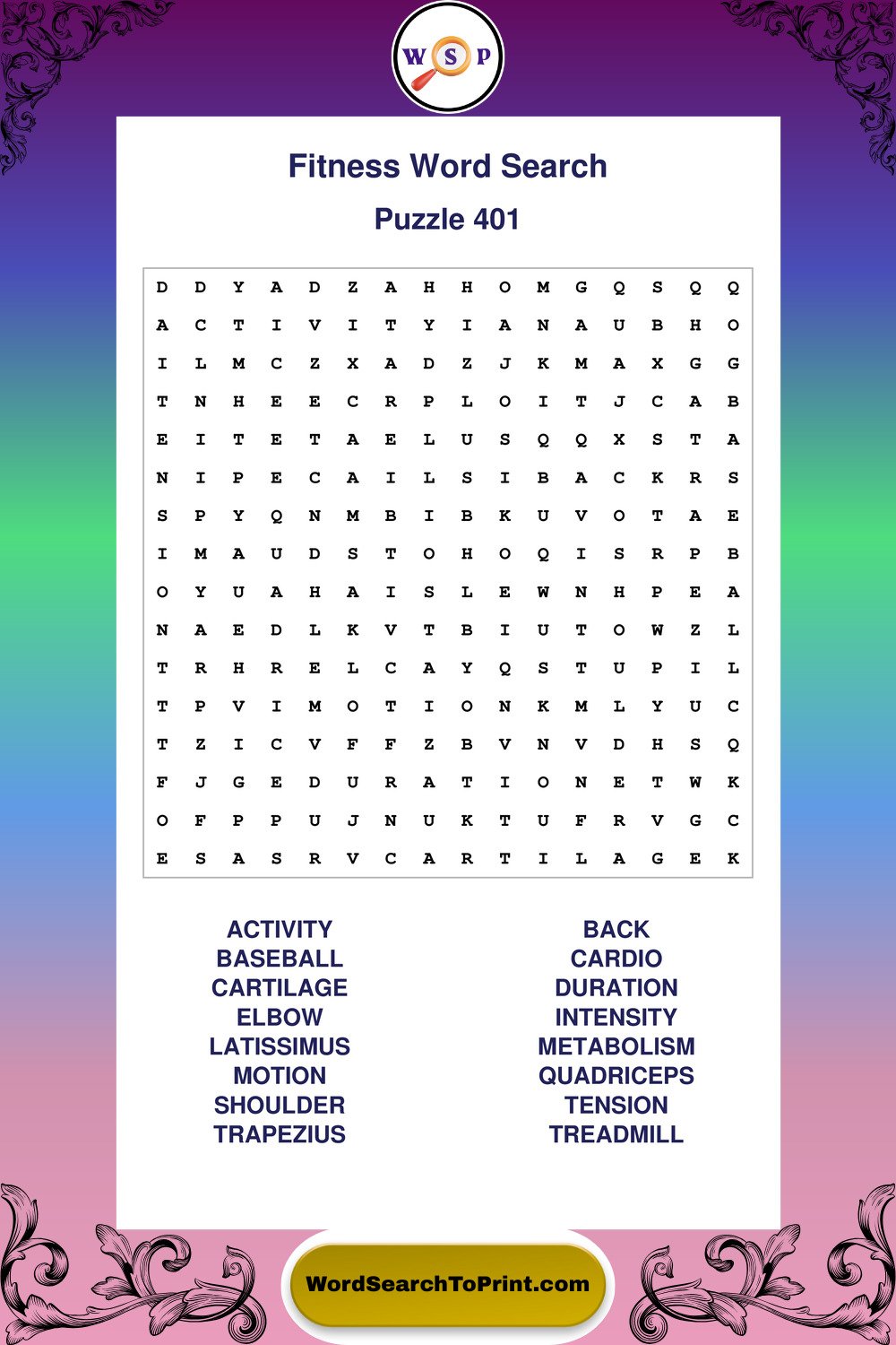 Fitness Word Search Puzzle 401