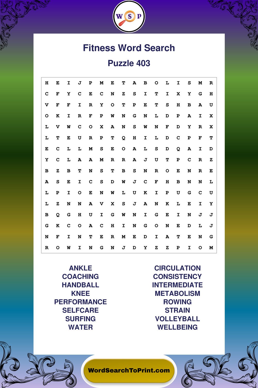 Fitness Word Search Puzzle 403