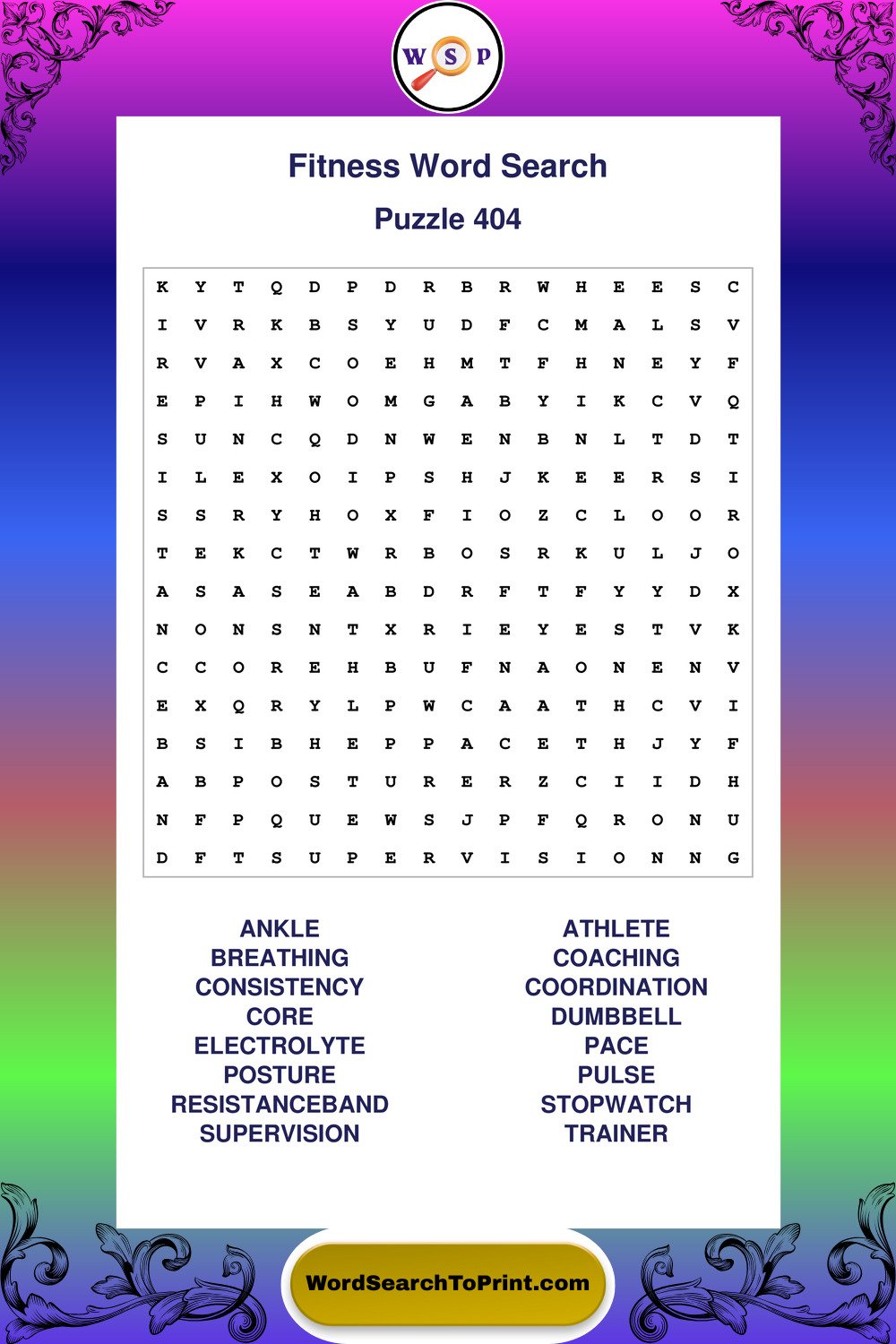 Fitness Word Search Puzzle 404