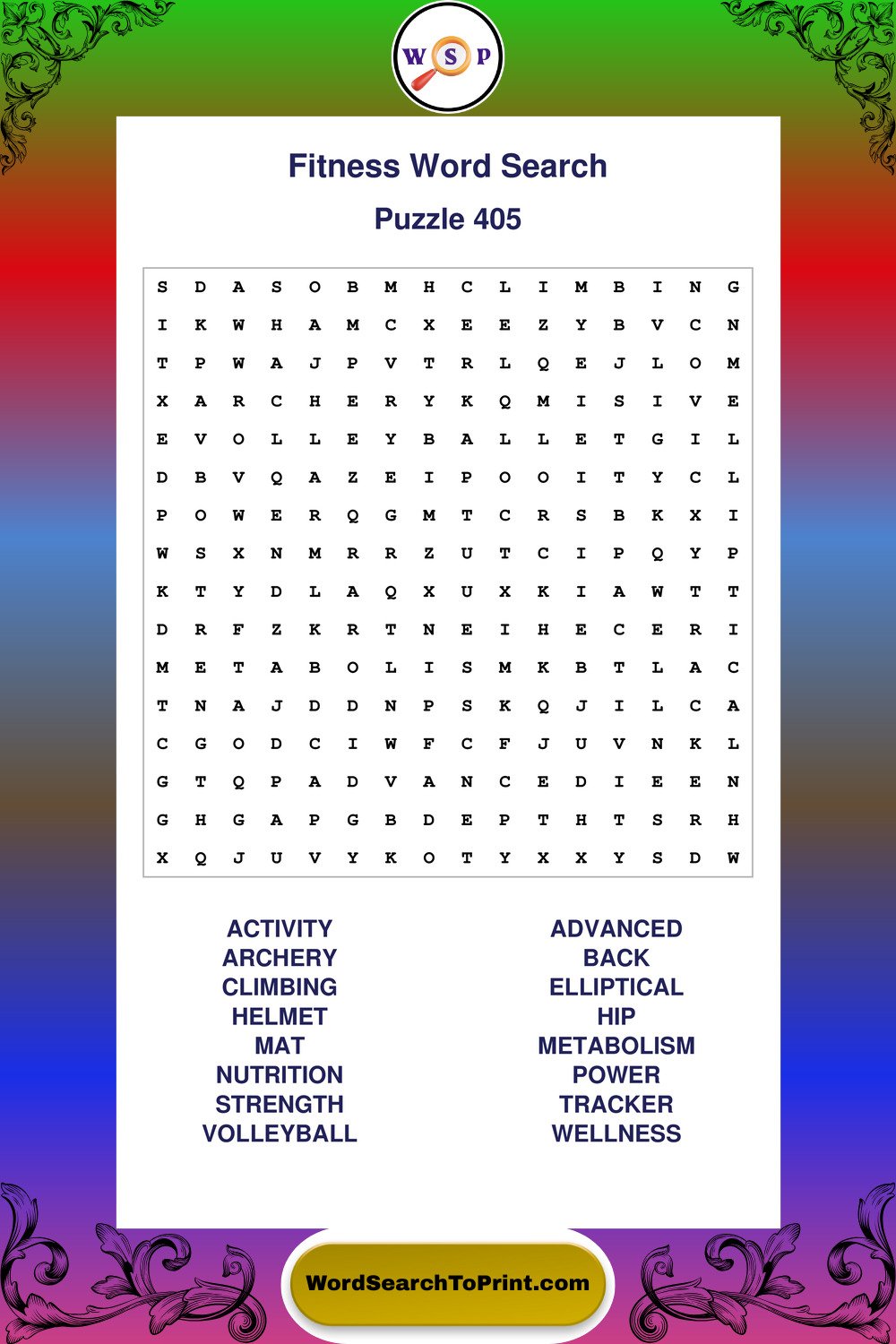 Fitness Word Search Puzzle 405