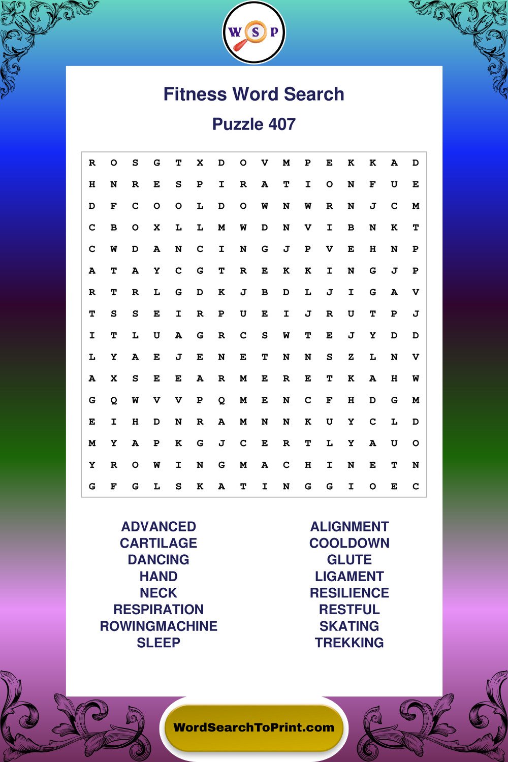 Fitness Word Search Puzzle 407