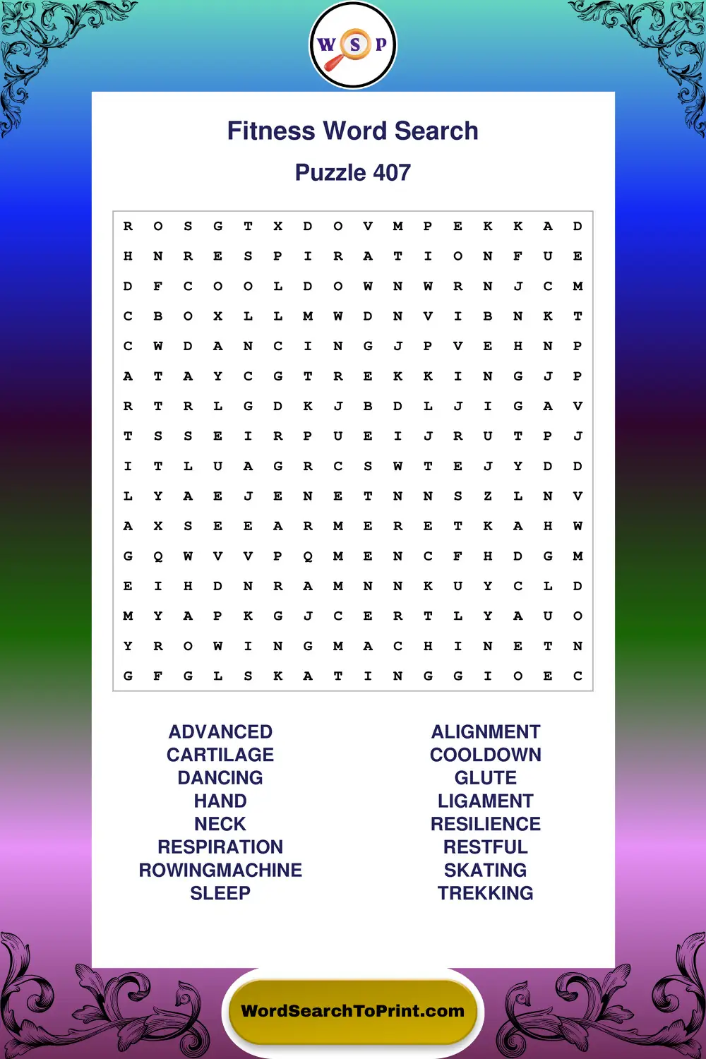 Fitness Word Search Puzzle 407