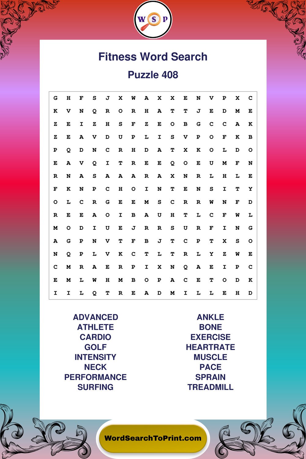 Fitness Word Search Puzzle 408