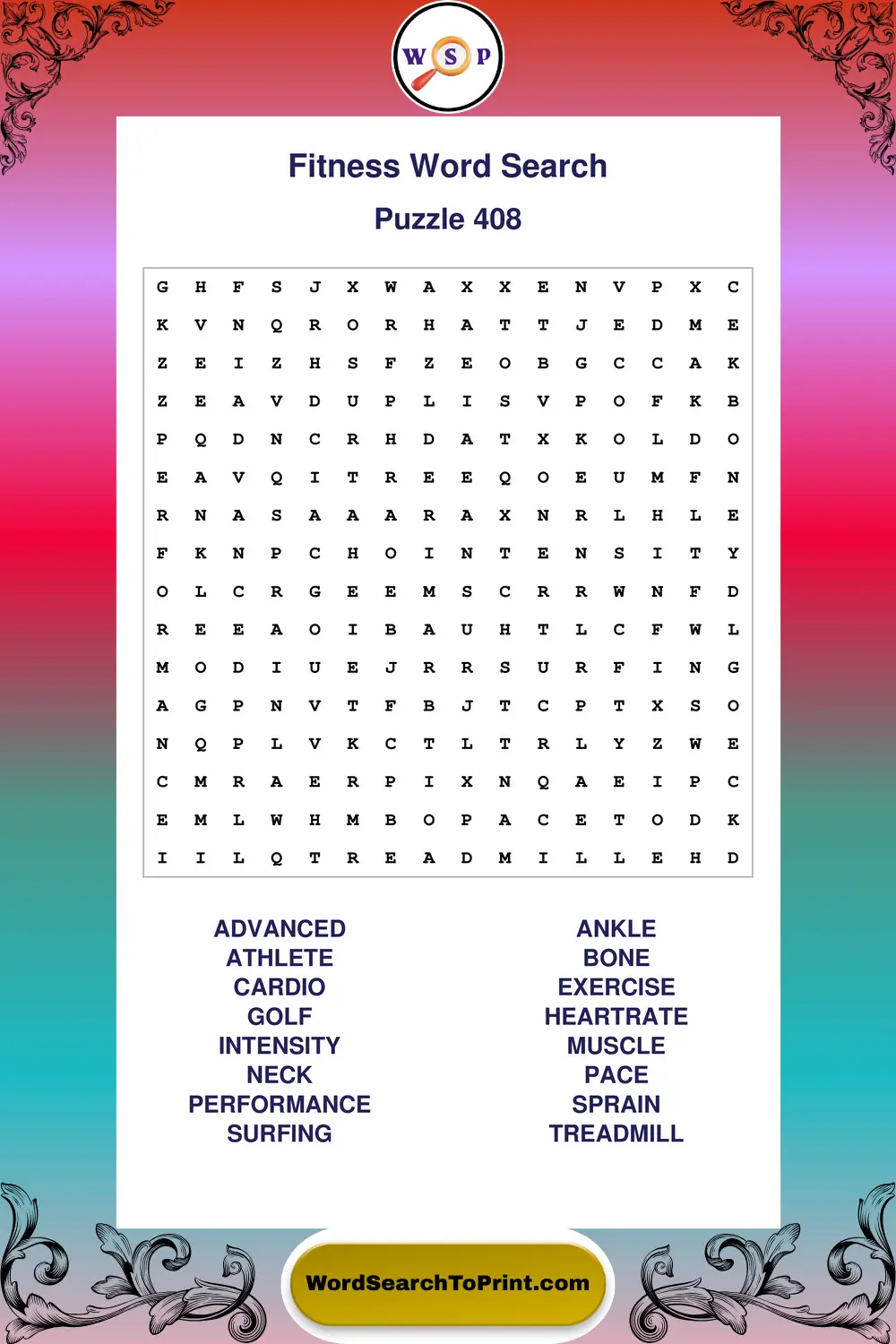 Fitness Word Search Puzzle 408