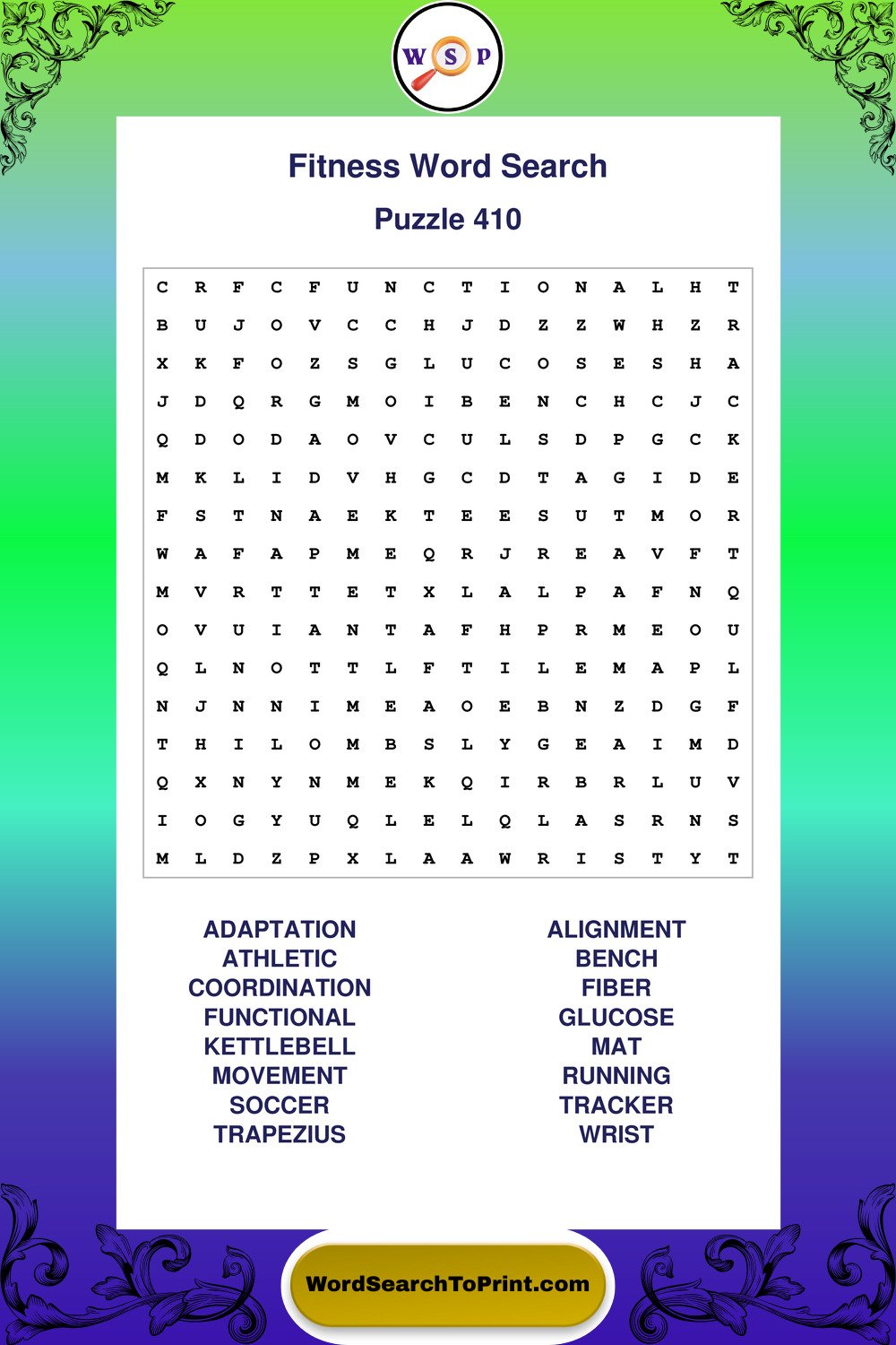 Fitness Word Search Puzzle 410
