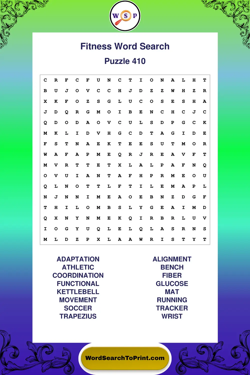 Fitness Word Search Puzzle 410