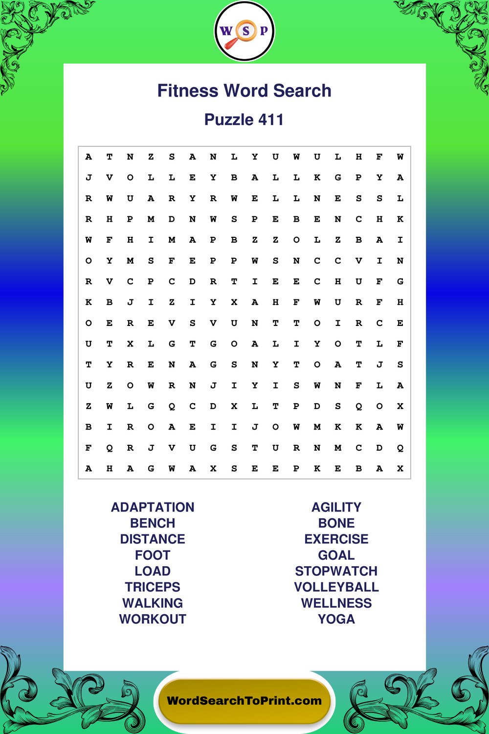 Fitness Word Search Puzzle 411