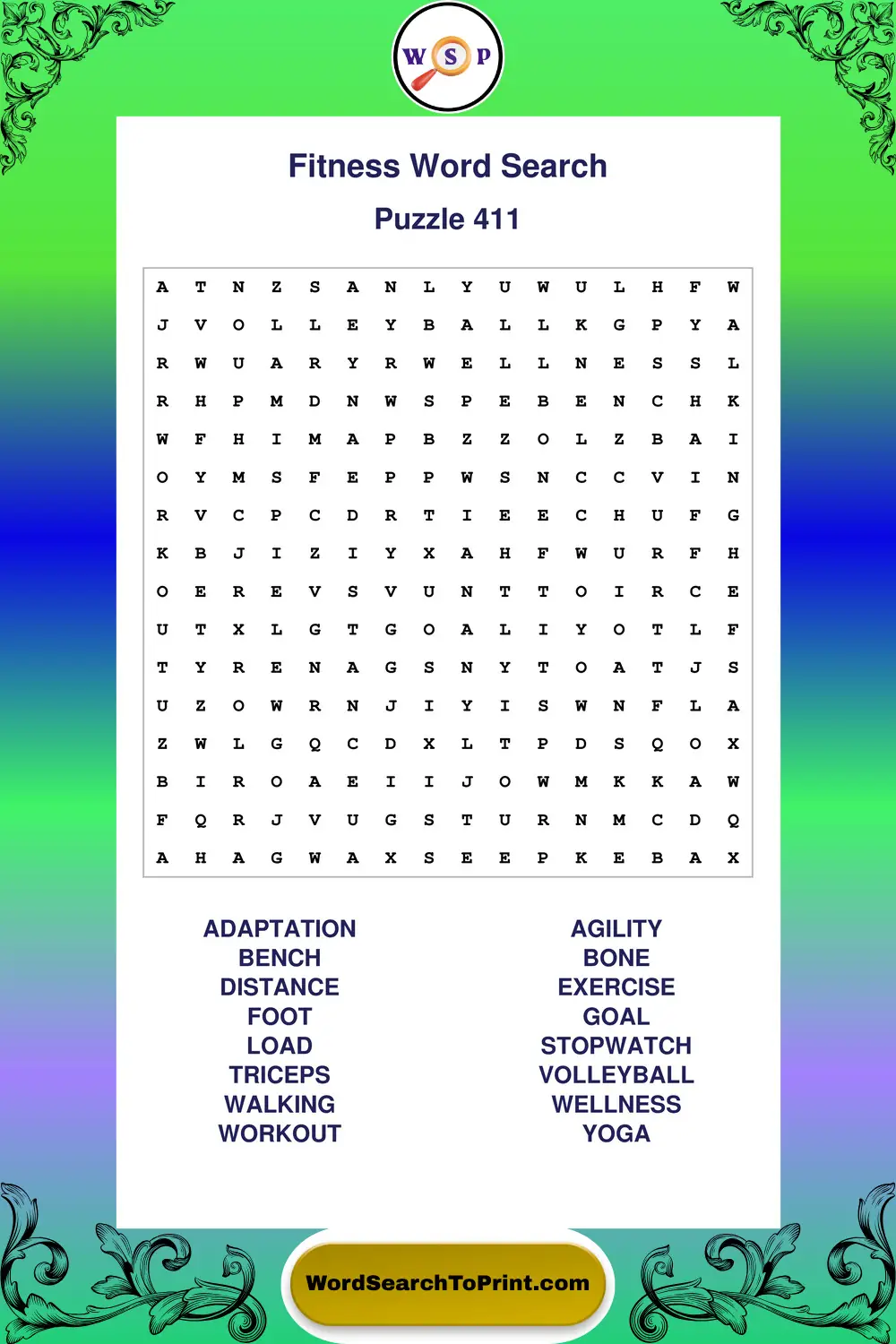 Fitness Word Search Puzzle 411