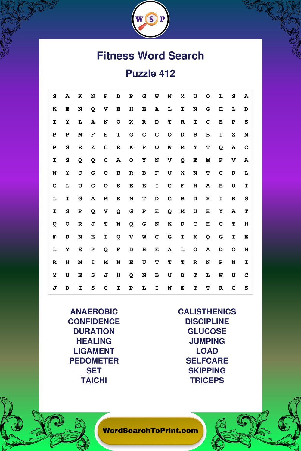 Fitness Word Search Puzzle 412
